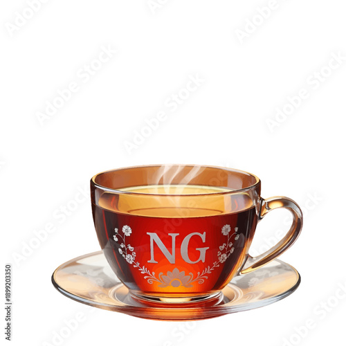 Clear glass teacup with hot tea and decorative etching for beverage display and tea time, isolated on white background
