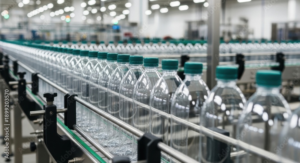 Naklejka premium Numerous transparent plastic water bottles with green caps moving along an automated production line in a factory