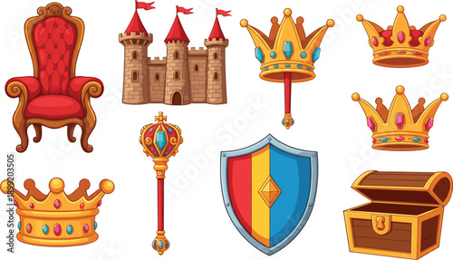 Royal medieval fantasy vector set with crowns, castle, throne, shield, scepter and treasure chest illustrations