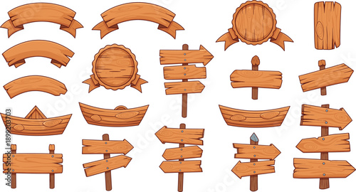 Rustic wooden signboard and arrow vector set with banners and labels for natural direction design