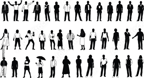Silhouettes of 40 diverse individuals in varied clothing and poses arranged in four-row layout