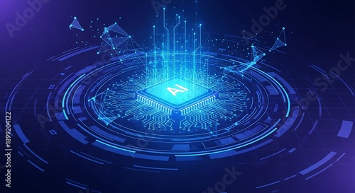 Artificial intelligence data platform visualization with glowing AI chip and holographic interface representing cloud computing, big data and advanced technology systems
