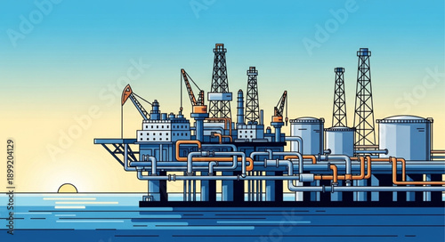 Offshore oil rig platform in the ocean at sunrise industrial energy production.