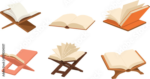 Set of open book vector illustrations on wooden stands for reading, education, study and knowledge concepts