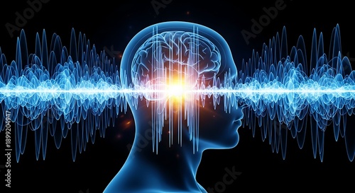 Human brain with digital wave signal visualization representing artificial intelligence, brain activity analysis, neuroscience research and advanced data processing concept
