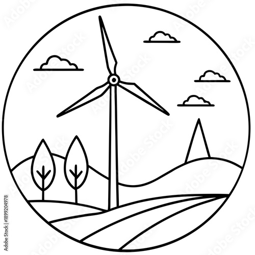 Wind turbines generating clean energy in a rural landscape with trees and hills Vector