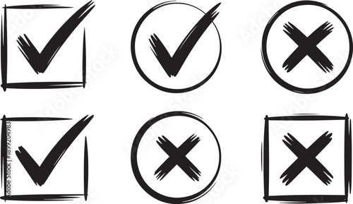 Collection of hand drawn check marks and crosses isolated on transparent background