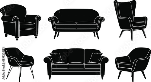Black furniture silhouette set featuring sofa couch and armchair designs isolated on white background for interior design and home decor