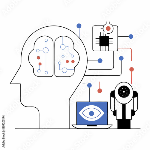 Illustration of a human brain connected to various technological devices and concepts Vector