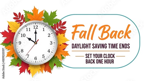 Fall back daylight saving time design featuring clock and autumn elements reminding to set clocks back one hour seasonal illustration
