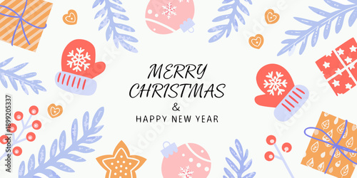 Festive christmas and new year illustration with gifts mittens and ornaments