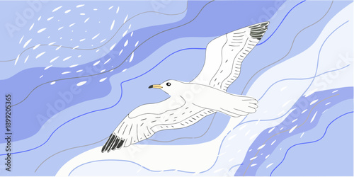 A white seagull soars gracefully through a blue and wavy sky