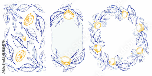 Delicate lemon and leaf sketches forming frames and a patterned background