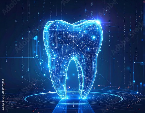 Digitized, glowing molar surrounded by binary code and network lines