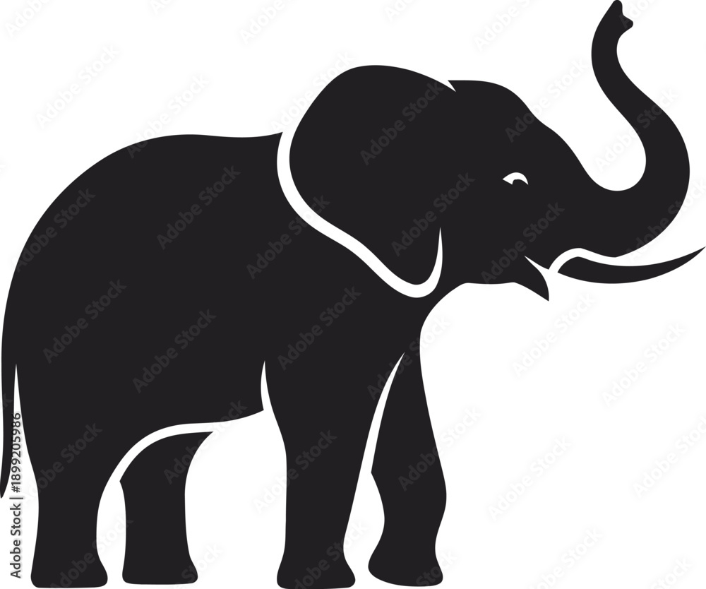 Fototapeta premium Simple black silhouette of an elephant standing proudly with its trunk raised high