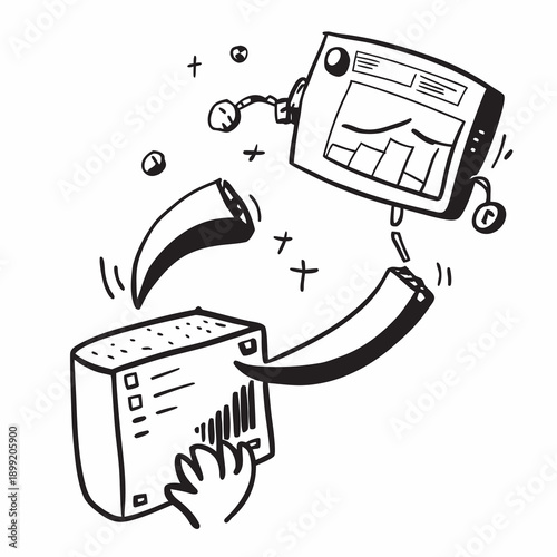 A printer and a fax machine connected by a swirling line of documents. Vector