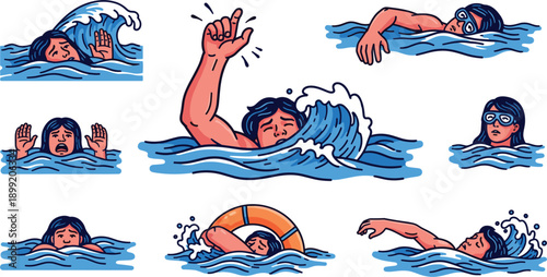 Drowning Person And Swimmer Illustrations Showing Danger And Rescue In Water Keywords: drowning, swimming, water, wave, danger