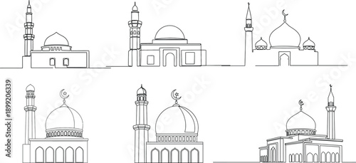 Line drawing depicting various islamic mosque architectures and domes high quality