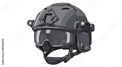 Illustration of a tactical helmet with goggles and microphone on a white background