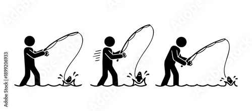 Man fishing with rod and catching fish from water icon set