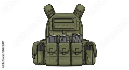 Front view illustration of a tactical backpack with multiple pouches and ammunition