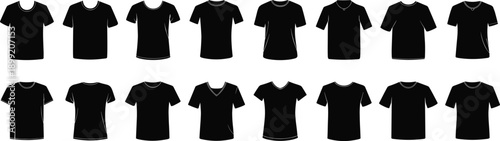 Black t shirt silhouette set isolated on white background, various short sleeve apparel templates for fashion, print, mockup and design use
