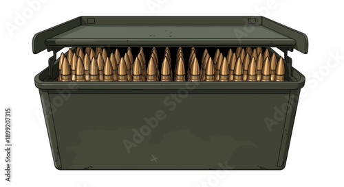 Ammunition box filled with bullets on a white background viewed from the front