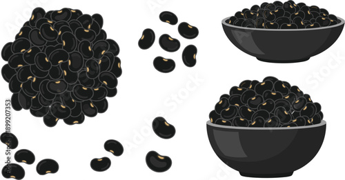 Black Beans Collection with Pile and Bowl of Dry Beans Flat Cartoon Illustration Isolated on White