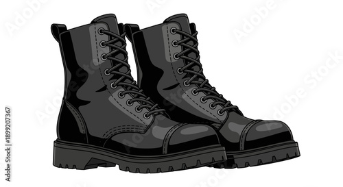 A pair of black leather boots standing on a white surface from a frontal viewpoint, showcasing the laces and soles