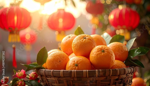 Mandarin Oranges in Woven Basket with Red Lanterns and Greenery in Festive Lighting for Lunar New Year Celebration