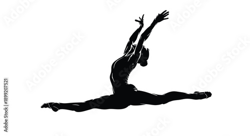 Silhouette of a flexible gymnast executing a perfect split leap with dramatic raised arms