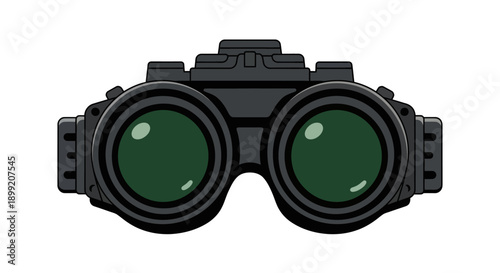 A pair of black night vision goggles with green lenses on a plain background viewed from the front