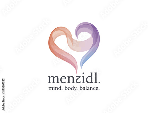 Gradient heart symbol with text menzidl mind body balance in black and white