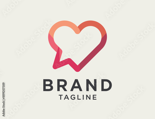 Gradient heart with brand name and tagline below pink orange