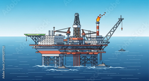 Offshore oil rig platform in the ocean industrial structure.