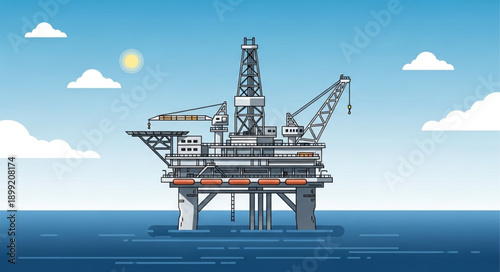 Offshore oil rig platform in the ocean under a blue sky.