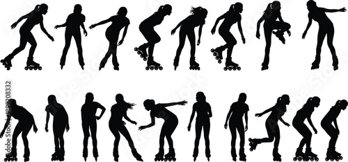 Roller skating silhouette set isolated on white background, people performing skating moves and tricks icons for sport, fitness and design use