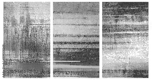 Three monochrome vertical panels with halftone dot noise and distorted digital glitch texture background