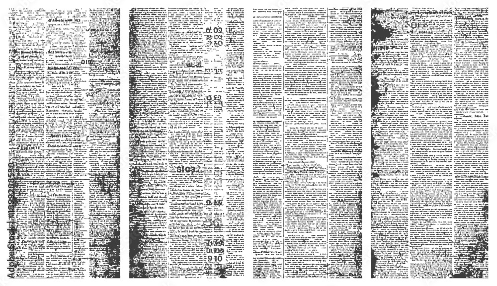 Obraz premium Distressed Vector Newspaper Seamless Background Texture Black and White Grunge Old Newsprint Columns with Illegible Text Pattern