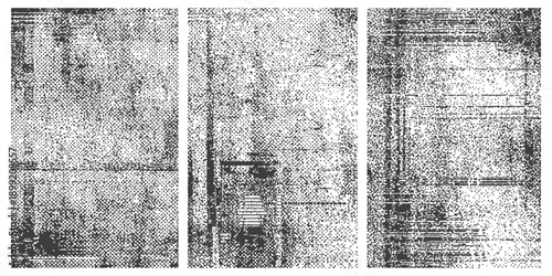 Set of three grunge distressed vector textures overlay Halftone dot patterns old scanned paper background