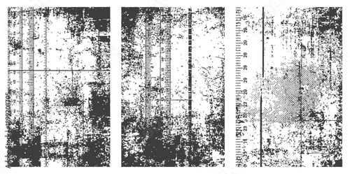 Black and White Distressed Grunge Vector Background with Technical Ruler Markings and Halftone Dots Old Blueprint Effect