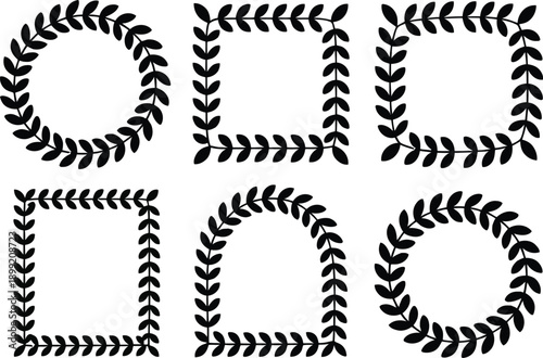 Six decorative laurel wreath and leaf frame in various shapes