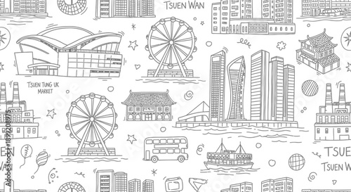Iconic Landmarks, Ferris Wheel, Modern Buildings, Architectural Illustration