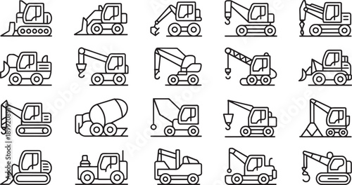 Collection of construction vehicle outline icons on a white background
