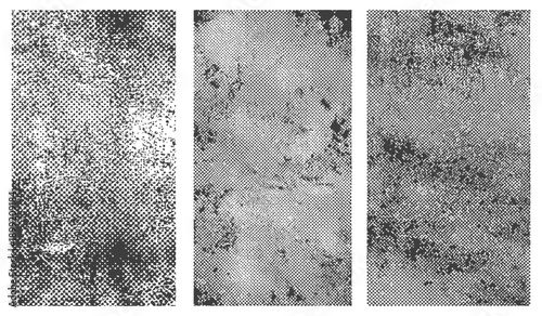 Set of Three Vertical Halftone Grunge Textures Distressed Overlay Backgrounds Black and White Abstract Vector Design