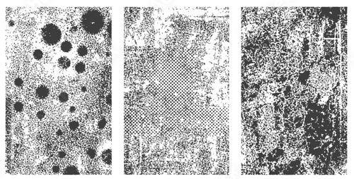 Three Vector Grunge Textures Halftone Noise and Ink Splatter Overlays Distressed Background Pack