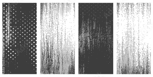 Four Grunge Halftone Texture Overlays Black and White Distressed Vector Set for Retro Design