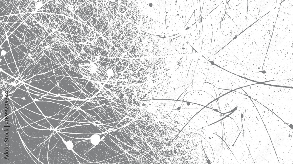 Obraz premium Abstract grey and white paint splatters and thin lines forming a chaotic network pattern