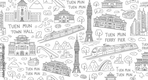 Tuen Mun Cityscape Doodle Iconic Landmarks and Transportation Hubs Seamlessly Integrated