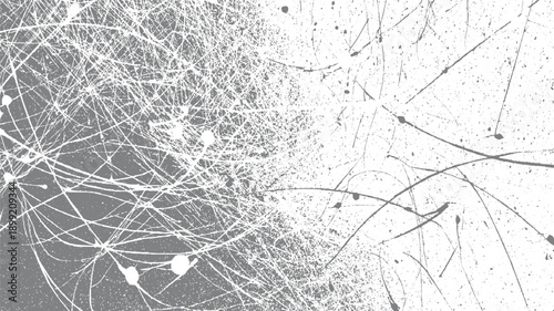 Abstract grey and white paint splatters and thin lines forming a chaotic network pattern